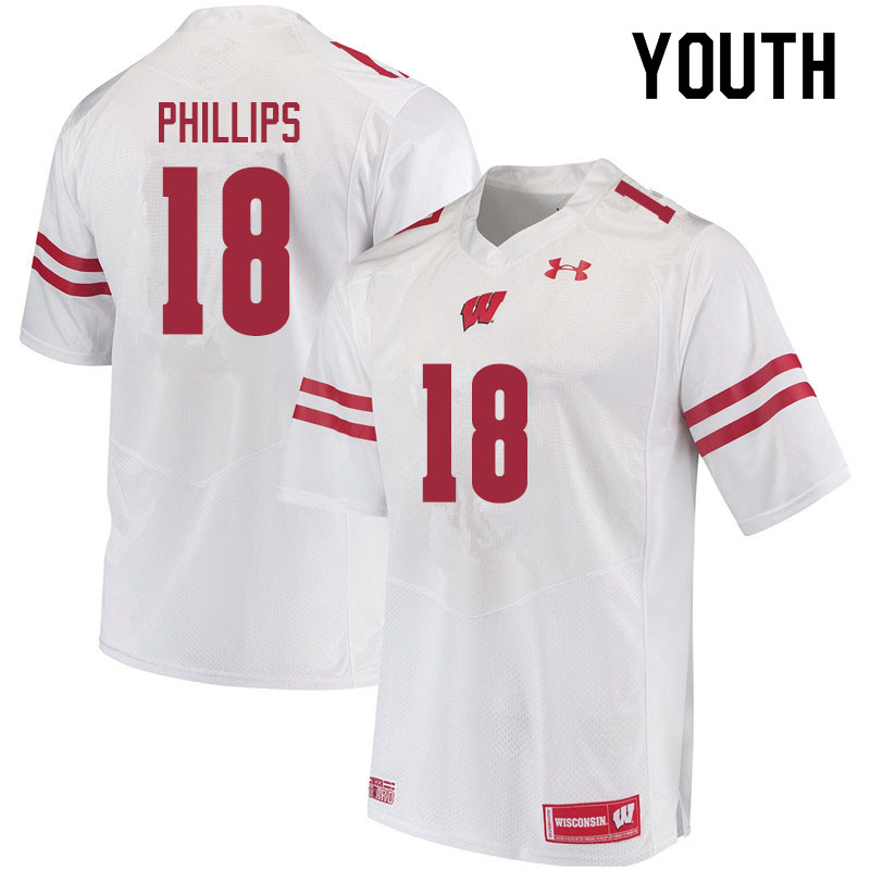Youth #18 Cam Phillips Wisconsin Badgers College Football Jerseys Sale-White - Click Image to Close